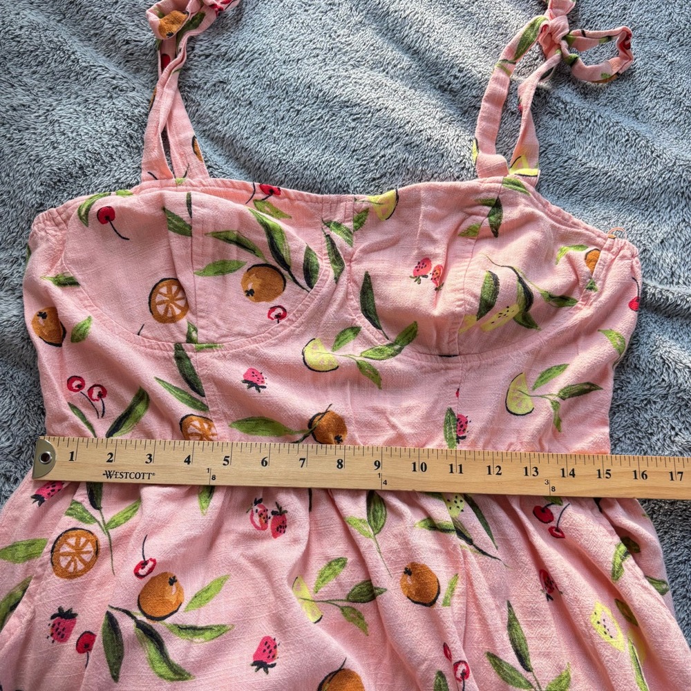 Womens Fruit Print Dress XL Linen Blend Babydoll Bow Tropical Cottage Boho 20248 - Picture 12 of 13